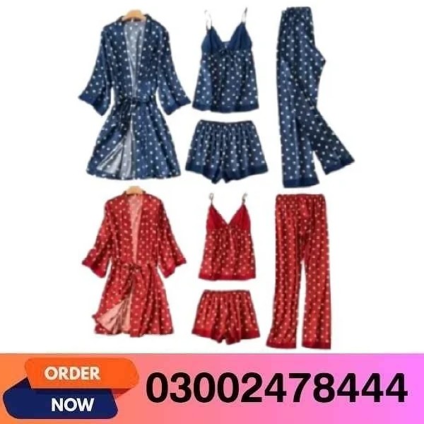 Women 4 Pieces Dot Print Sleepwear Night Gown Pajamas In Pakistan